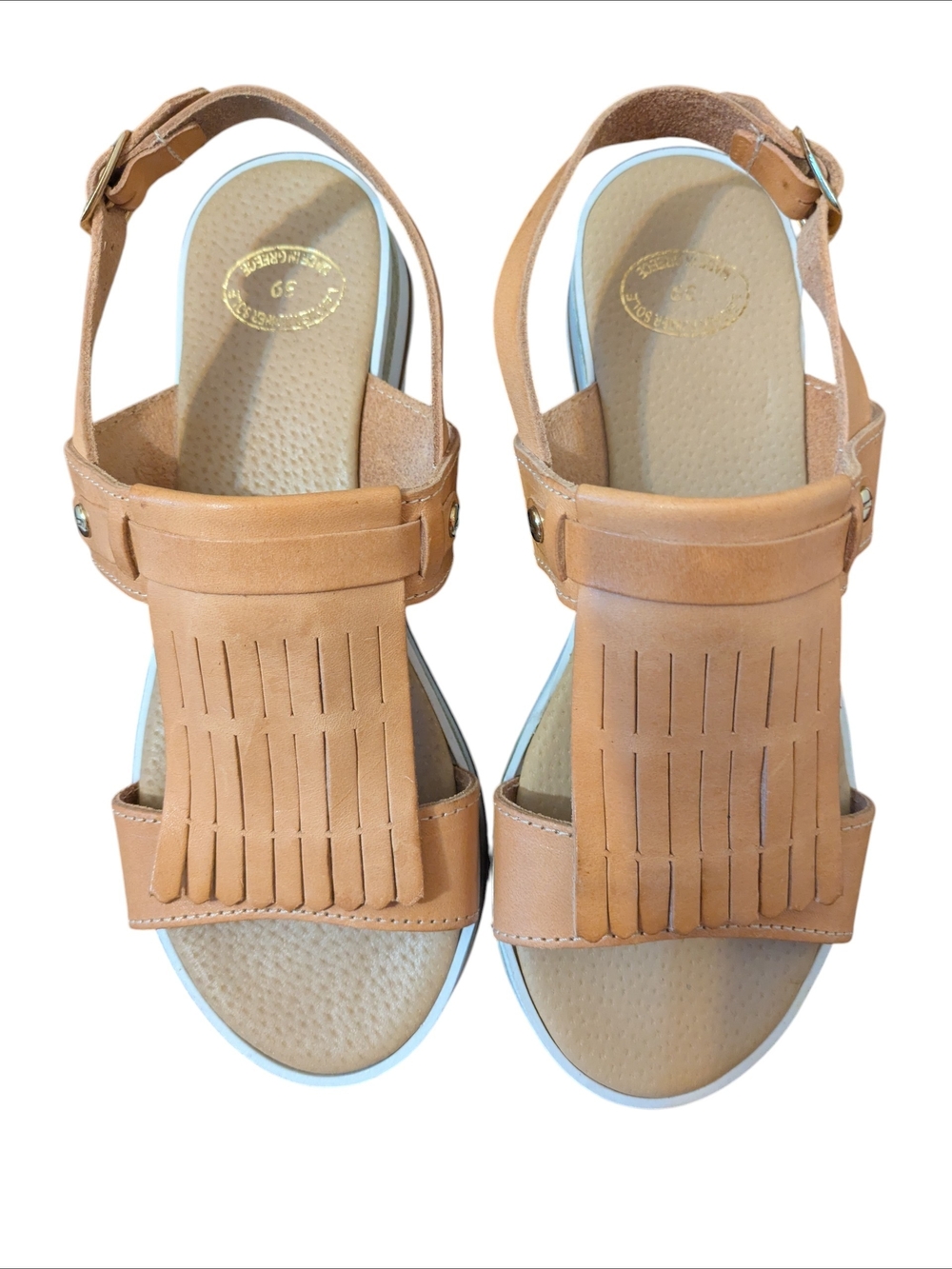 Greek Artisan Crafted Leather Tan Fringe Slingback Sandals, NWOT